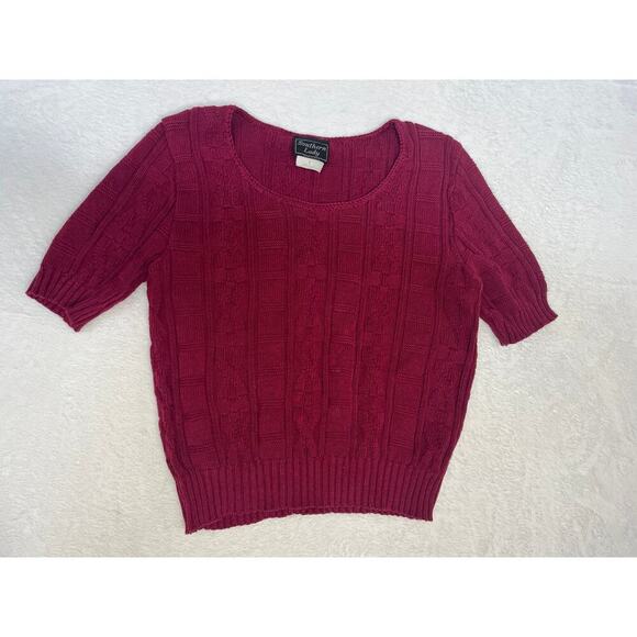 VNTG Southern Lady Maroon Short Sleeve Cable Knit Sweater 100% Cotton sz Small - Picture 1 of 7